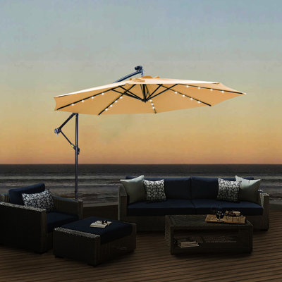 Parasol décalé 32 lumières DEL - Taupe Structure antirouille, parasol 100 po taupe Colorfast. Tissu robuste, brillant, facile à ajuster
