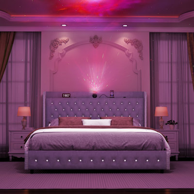 Upholstered Bed Frame with Star Galaxy Projector, Wingback Diamond Tufted Headboard with Charging Station & Speaker, Platform Bed, No Box Spring Needed, Velvet Grey
