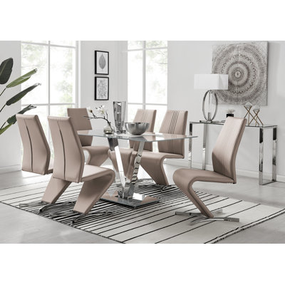 Ransart Modern Luxury Glass & Metal Dining Table Set With 6 Modern Design Faux Leather Dining Chairs