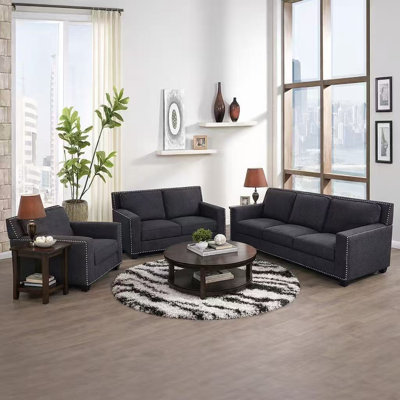 Nova Black Linen Upholstered 3-Piece Sofa Set For Living Room