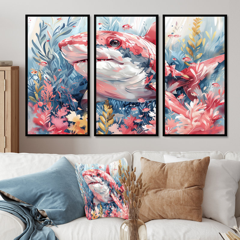 Pink Grey Hunting Shark Watercolor I - Sharkwall Art Wall Art Living Room Set, 28" H x 12" W x 1" D