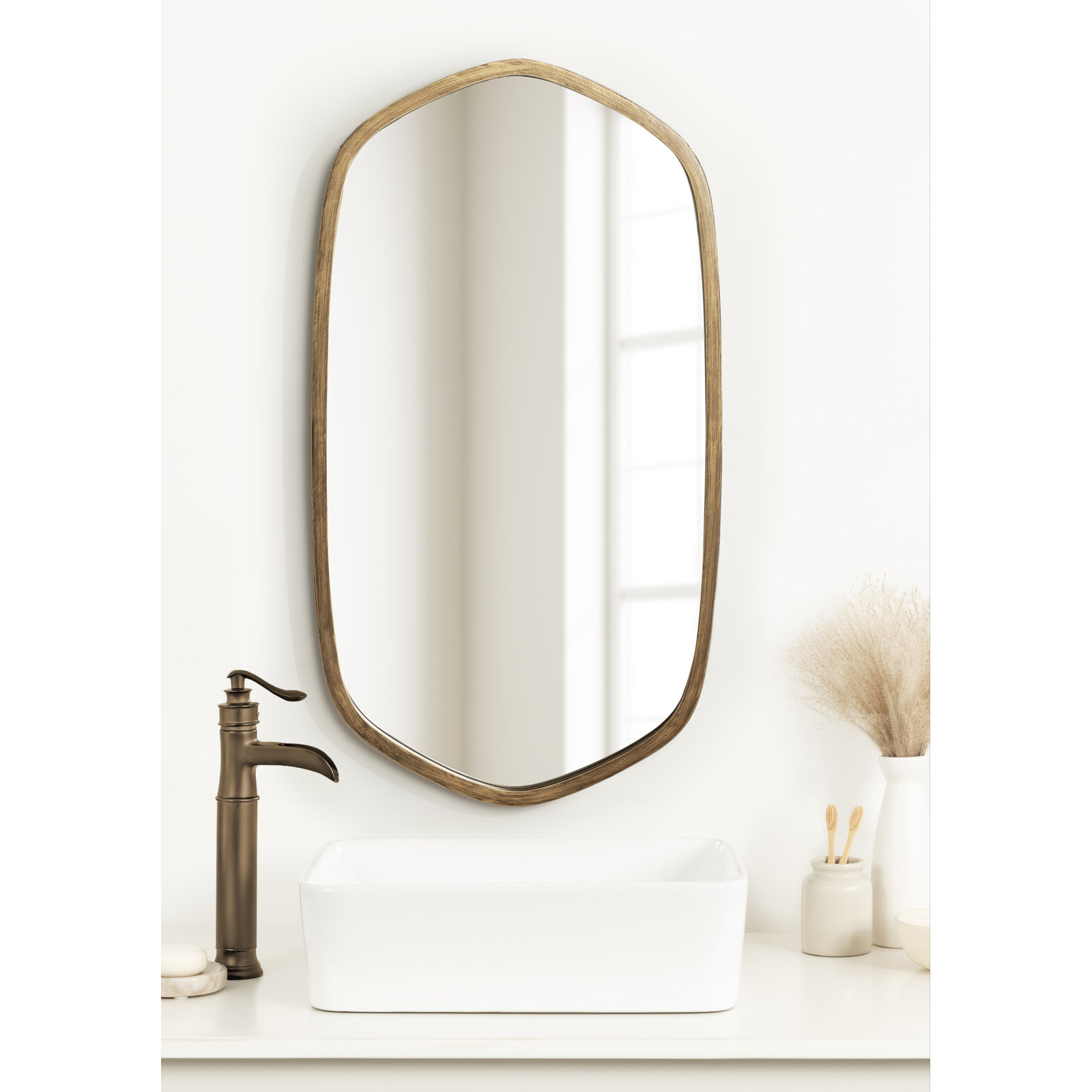 Glover Wood Hexagon Mirror, 36" x 20", Gold, Vertical