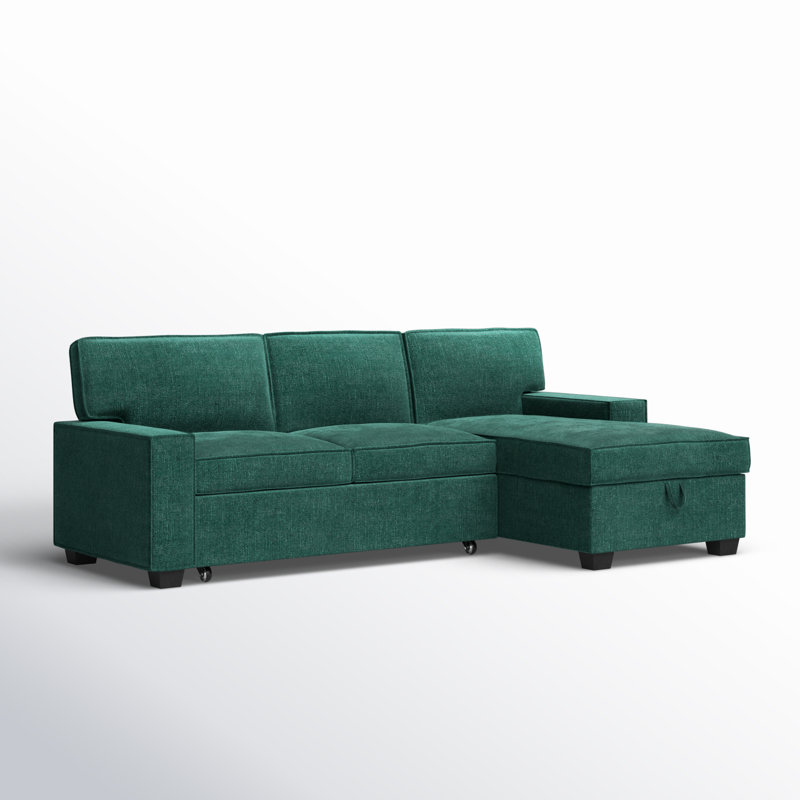 Yates 2 - Piece Upholstered Pull Out Sectional Sleeper Sofa With Storage Chaise, Teal Polyester