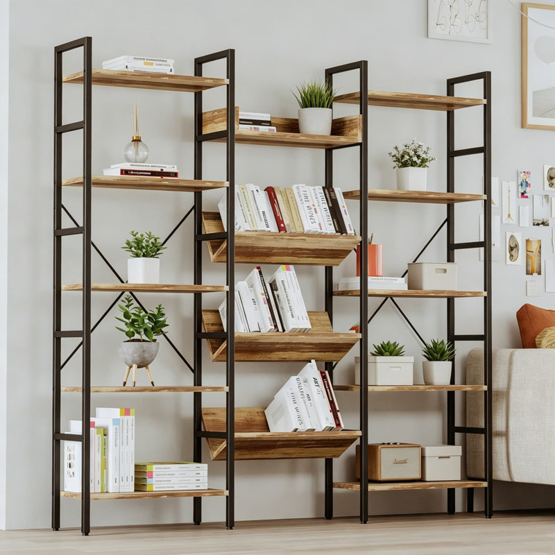 Triple Wide 5-Tier Bookshelf With Baffles, Industrial Bookcase With Metal Frame, Large Storage Shelf For Living Room, Home Office, Brown