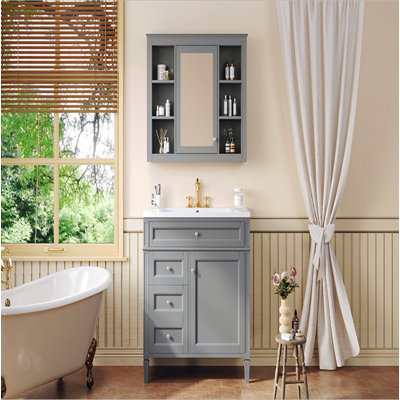 Meuble-lavabo 36 po avec armoire à pharmacie, armoire de rangement moderne avec 2 portes à fermeture douce et 4 tiroirs, meuble-lavabo simple
