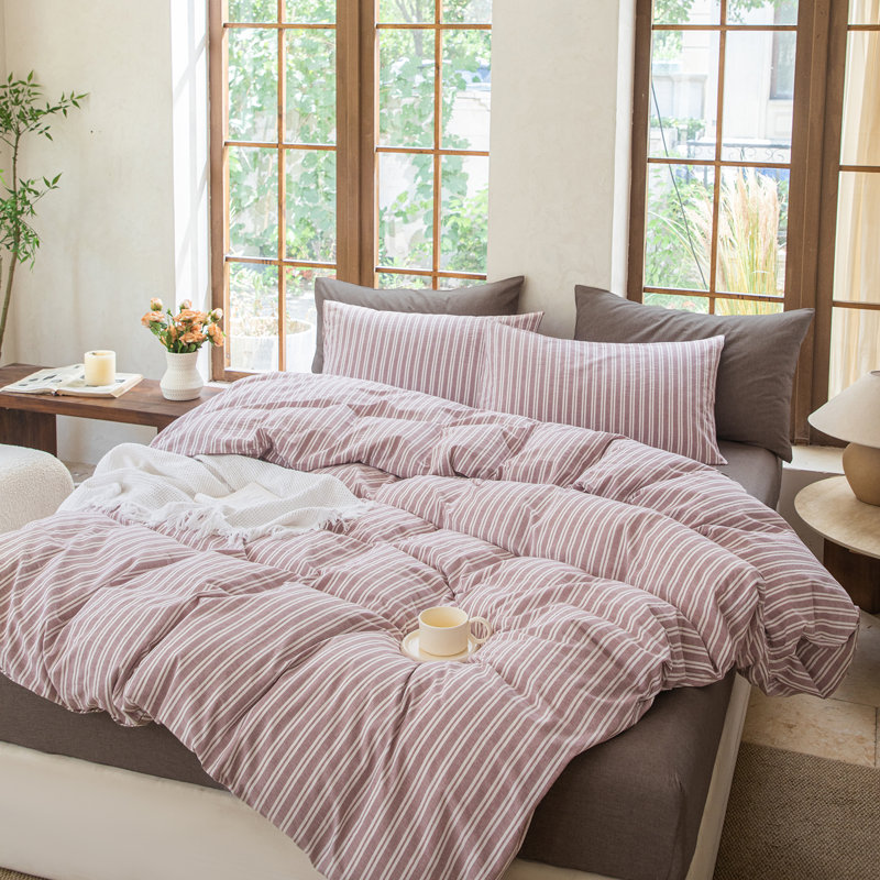 Ensemble de housse de couette rayé 100% coton délavé DONEUS, Housse de couette pour très grand lit et 2 taies , Mauve ancien