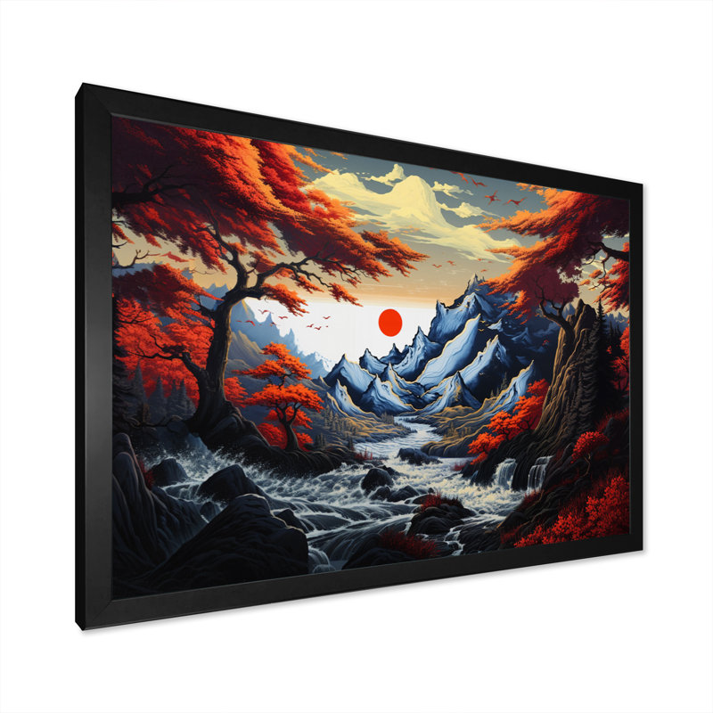 Charmant paysage asiatique sur toile, H 34 po x l 44 po x P 1,5 po, Cadre simple noir