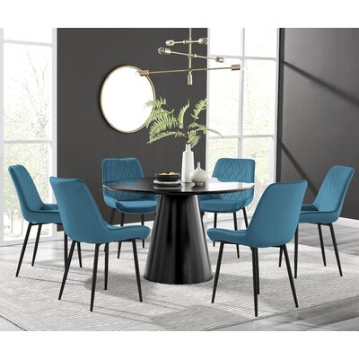 Edward Statement Pedestal Dining Table Set with 6 Luxury Velvet Upholstered Dining Chairs -  East Urban Home, 4C2F5E978C7F44E0AFBFD00DD0CB55EE