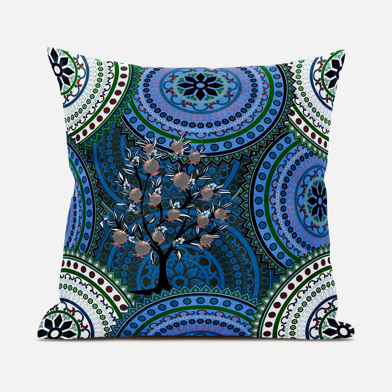 Boho Mandala Plant Outdoor Pillow Floral Outdoor Reversible Throw Pillow, 18" x 18", White/Blue/Pink