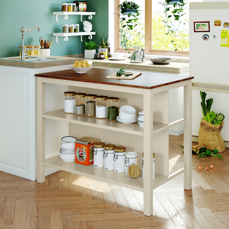 Îlot de cuisine en bois massif 45 po x 27 po - Noyer et blanc crème 2 tablettes ouvertes pour les cuisines rustiques avec charme noyer + crème