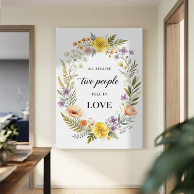« Tout ça parce que deux personnes sont tombées amoureuses » - Couronne florale, aquarelle imprimée sur toile tendue - Rose