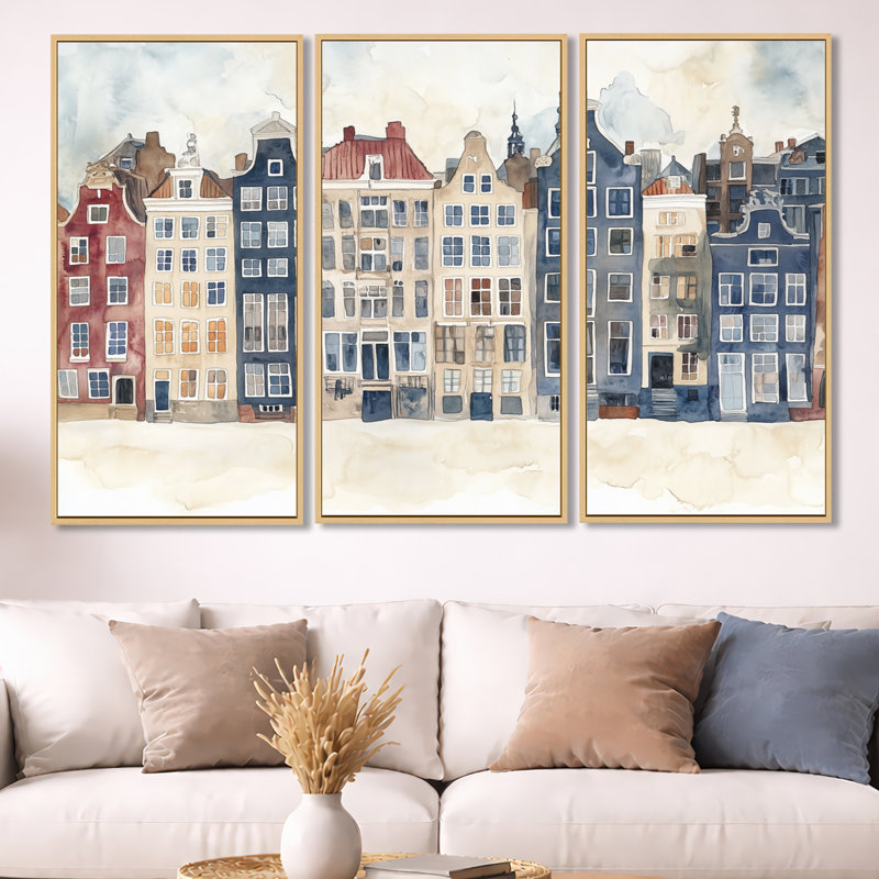 Amsterdam Canal House - Marine Cityscape, art mural 3 pièces, H 40 po x l 60 po, Cadre naturel flottant