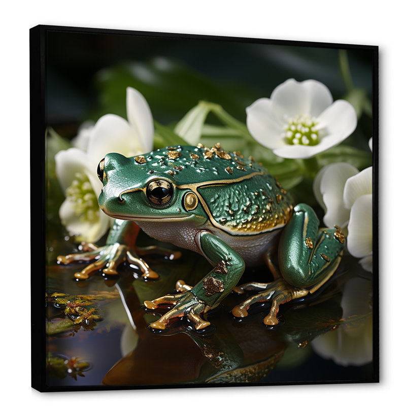 Grenouille verte sur verre, impression sur toile, H 16 po x l 16 po x P 1 po, Cadre flottant noir