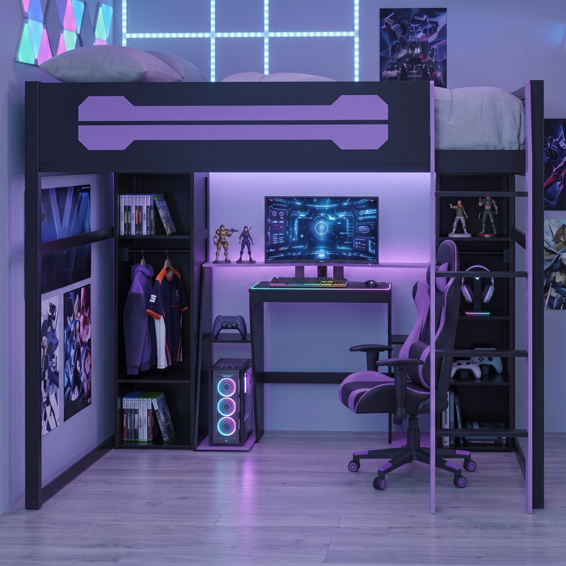 Lit mezzanine double avec bureau de jeu intégré, station de charge et éclairage DEL, conception à deux tons, style Esports, chambre d'enfant