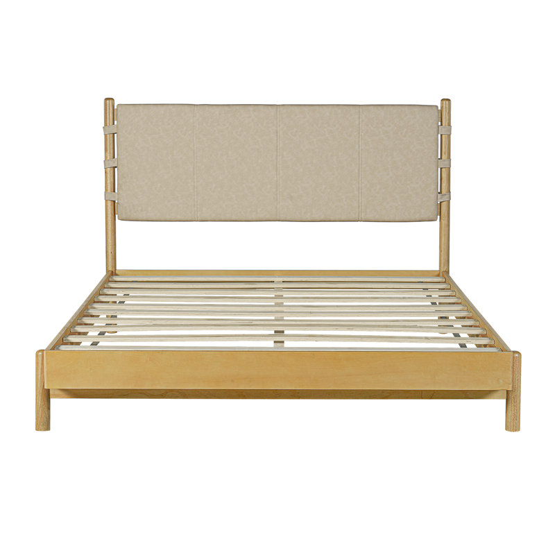Larkston Mid-Century Modern Rubber Wood Platform Bed With Faux Leather Headboard, Beige/Natural, Queen