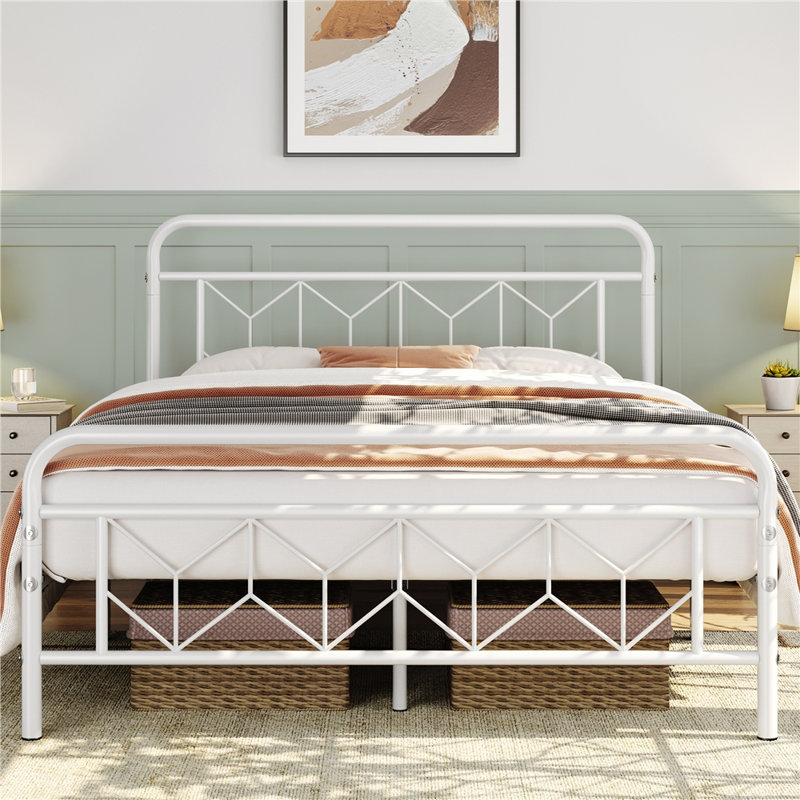 Aylena Vintage Metal Bed Frame with Diamond Pattern Headboard, Queen, White