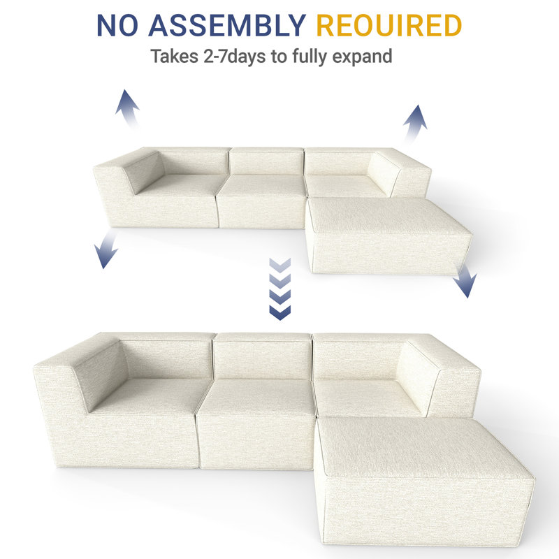 106'' Compression Upholstered Chenille L-Shape Sectional With Ottoman, No Assembly Required, Beige Chenille