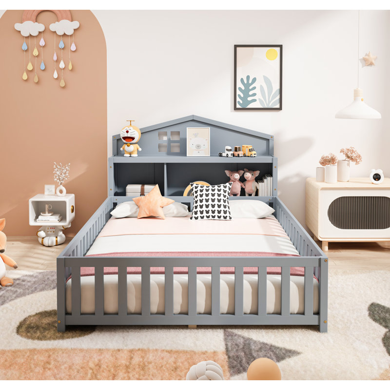 Full-size Floor Beds with Bookcases and Blackboards with Guard rails, Storage Headboards, Grey, Gray