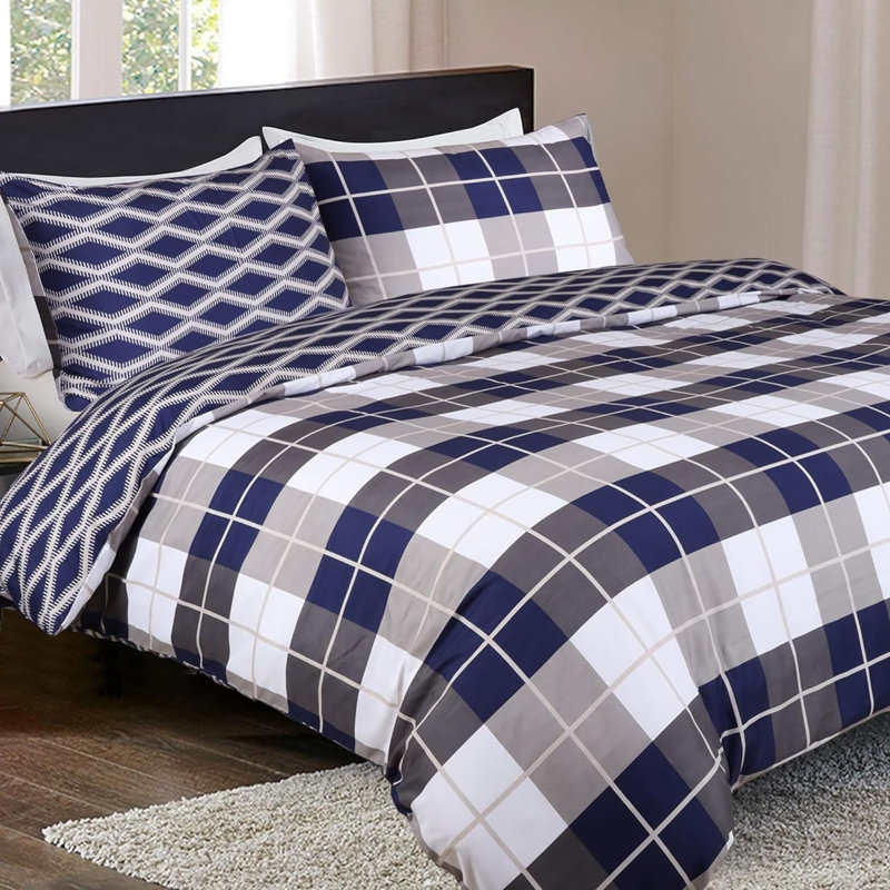 Reversible Microfiber Duvet Cover Set - 2 in 1 Pattern Printed Duvet with Matching Pillow Covers, Navy Check Striped