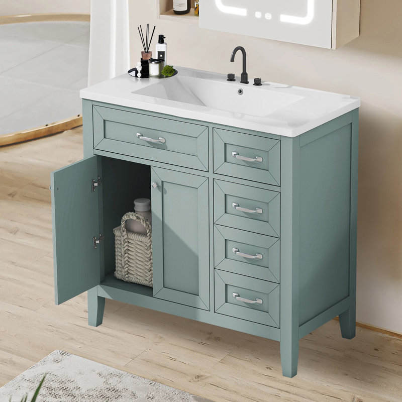 Bathroom Vanity With Ceramic Sink,solid Frame And Mdf Board, Green/Silver