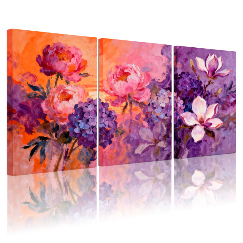 Plantes et fleurs, ensemble de 3 reproductions d'art sur toile, H 30 po x l 60 po