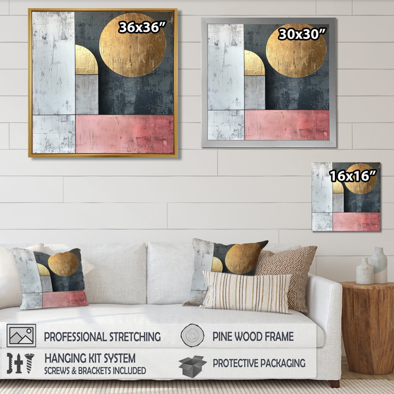 Motif géométrique abstrait géométrique doré rose et gris, H 16 po x l 16 po, Impression encadrée flottante