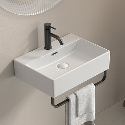 White Vessel Sink, All Mounted Bathroom Sink With Towel Rack, Small Wall Mount Bathroom Sink With Faucet Hole