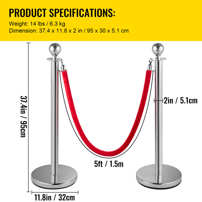 6PCS Red Rope Stanchion Silver Post