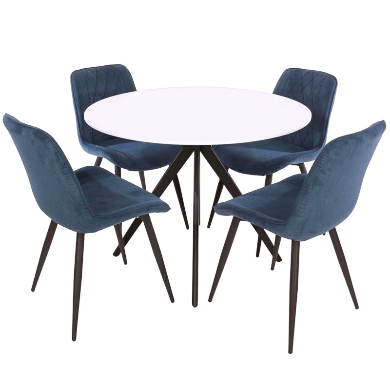 Aspen 5-Piece Casual Dining Set - Large Round Table with 4 Upholstered Diamond Stitch Fabric Chairs, Blue, White