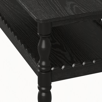 Rectangle Coffee Table with Solid Wood Legs, Two-Tier Storage, Wave-Edge Shelf, Farmhouse Design