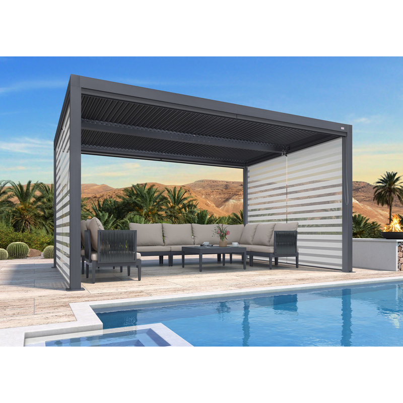 Pergola en aluminium avec abat-jour roulant, 2 côtés courts, 14 pi x 10 pi, Gris