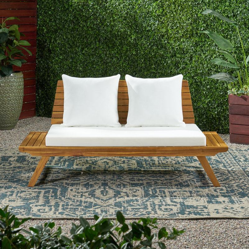 Causeuse d'extérieur en bois avec coussins 65 po Lavinia, Cadre en teck / coussin blanc