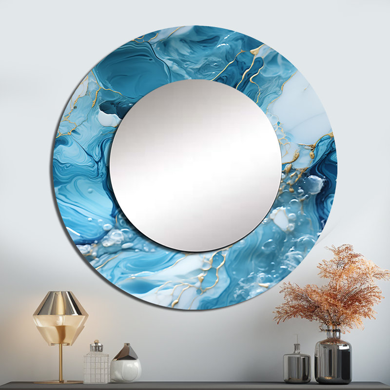Blue White Oceanic Allure Marble Pattern - marble  Wall Mirror, Blue Round Decorative Mirror, Printed Metal Art, 36" x 36"