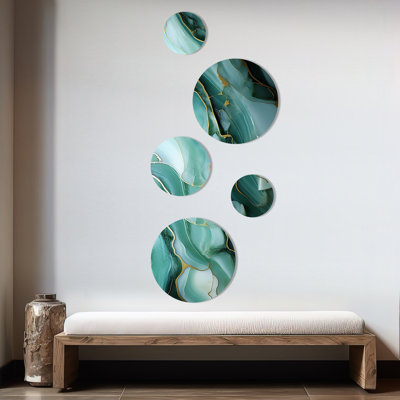 Encre liquide verte et grise Mirage I - encre liquide, ensemble d'art mural abstrait rond de 5