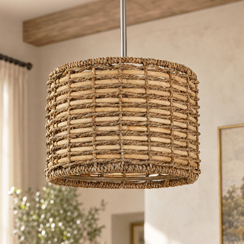 Luminaire suspendu simple avec abat-jour en rotin, couleur nickel sable