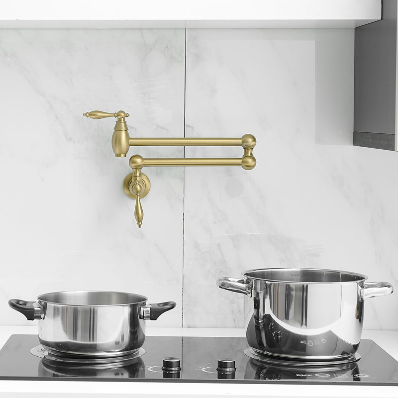 23" Brass Pot Filler Faucet Brushed Gold, Wall Mount Over Stove Water Faucet, Antique 2 Handles Folding Stretchable Pot Filler