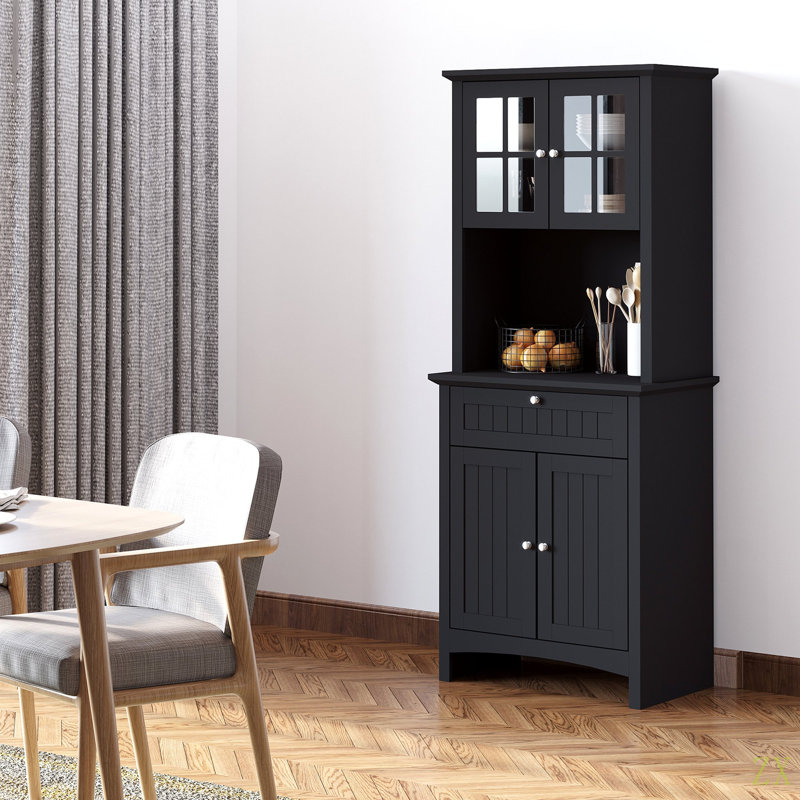 Élégant buffet avec huche, armoire de rangement pour garde-manger avec porte en verre encadrée et espace pour micro-ondes