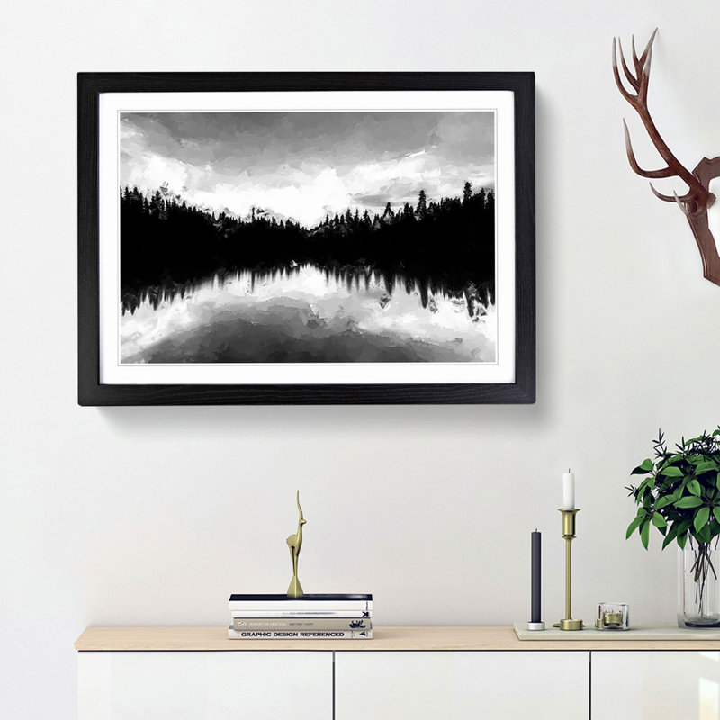 Forest Reflecting on a Lake in Abstract - Picture Frame Painting Print, Black Framed, 62cm H x 87cm W x 2cm D