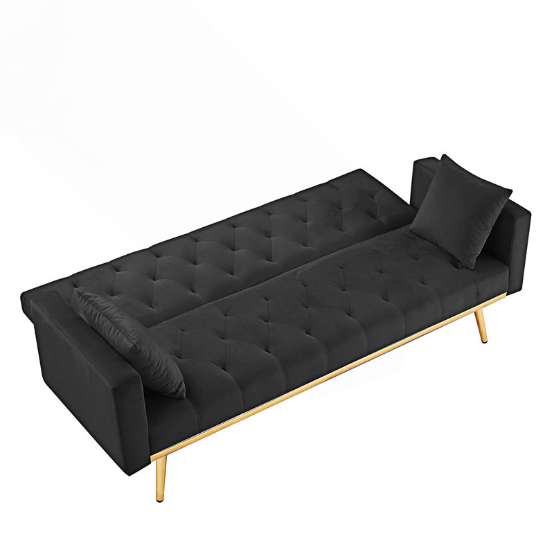 Canapé-lit convertible à accoudoirs carrés 73,2 po Eriksen, Velours noir, Doré