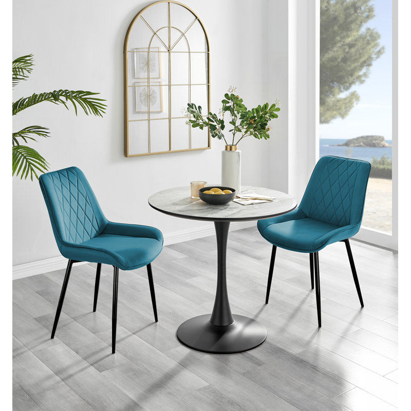 Eubanks White Marble Effect Melamine Round 80cm Dining Table And Chairs - 2 Velvet Dining Chairs, Blue/Black