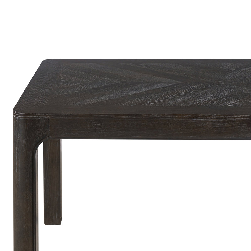 Table de salle à manger rectangulaire avec plateau de style parquet, coins arrondis, pieds courbés et pieds réglables