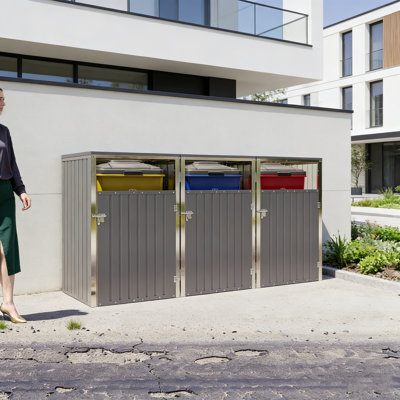 Remise extérieure pour poubelle avec support pneumatique, portes verrouillables et système de chaîne à double couvercle pour le jardin et le patio.
