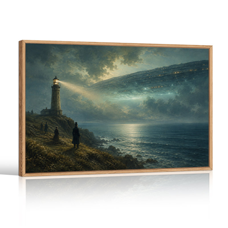 Tableau sur toile représentant un phare et un immense vaisseau spatial au-dessus d'une tempête d'Halloween, H 36 po x l 48 po