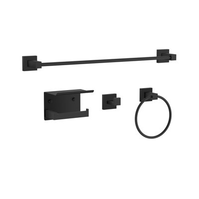 Obsidian 4 Pieces Bathroom Hardware Accessories Set With Towel Holder, Roll Paper Holder, Hook, Towel Ring, Matte Black