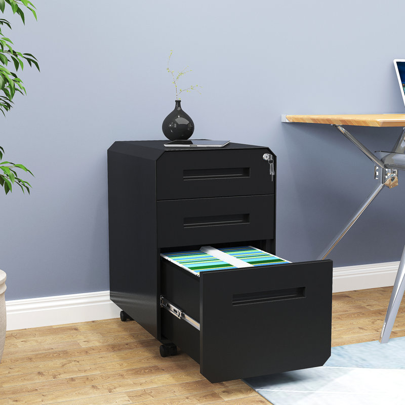 40cm Wide 3-Drawer Office storage unit，Lockable Mobile Filing Cabinet, Black