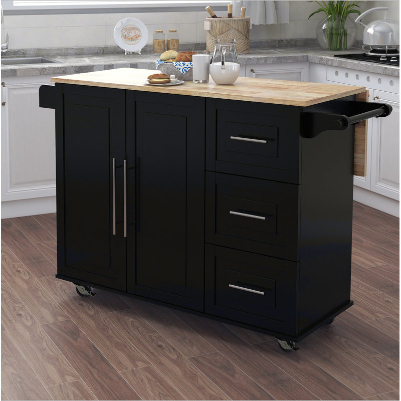 Îlot de cuisine avec support à épices, porte-serviettes et plateau de table en bois massif extensible, Black