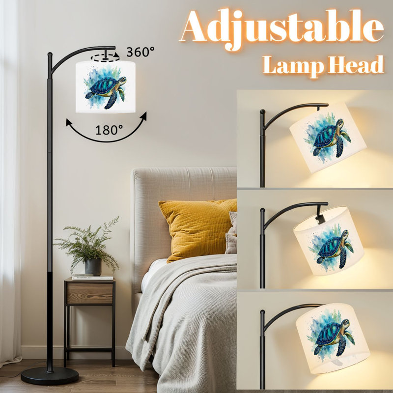 Lampe sur pied à arc avec abat-jour réglable aquarelle tortue de mer nageant bleu vert éclaboussant lampe sur pied côtier 3 températures de couleur à haut gradateur avec interrupteur au pied pour la chambre à coucher
