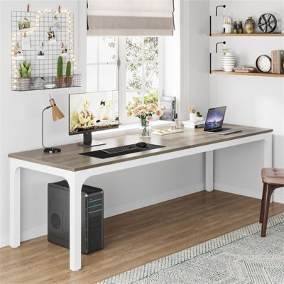 Bureau d'ordinateur extra long 78,7 po pour 2 personnes, double poste de travail pour le bureau à domicile, bureau collaboratif moderne avec pieds en acier robuste, finition chêne et blanc