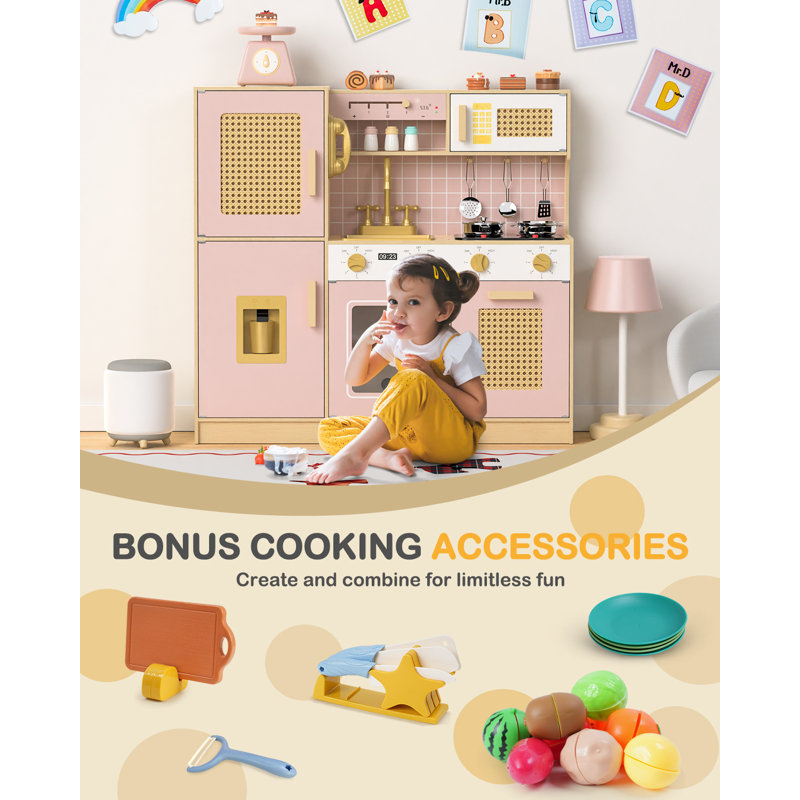 Wooden Kitchen Playset For Kids, Pretend Play Kitchen With Lights & Sounds, Retro Style Toy Kitchen, Pink