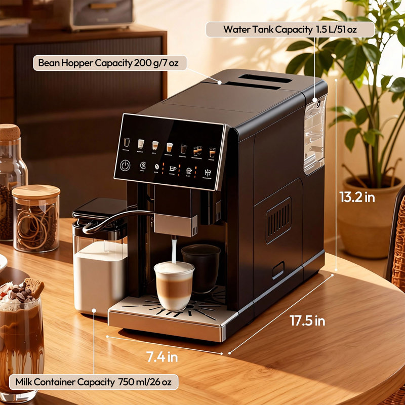 Euhomy 20 Bar Fully Automatic Coffee And Espresso Machine, Milk Frother & Smart Touchscreen, Auto-Clean, Dual Boiler Design, Black